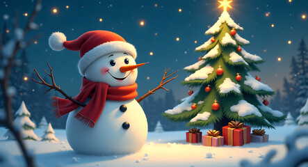 Fototapeta premium Cheerful snowman with festive spirit decorating Christmas tree against snowy night background