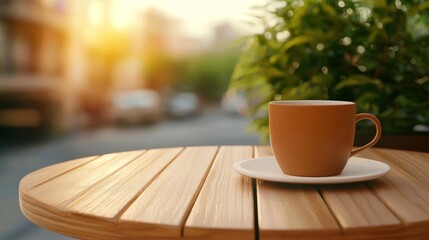 A small cafe with outdoor seating, the soft glow of early morning sun, fresh air and peaceful surroundings