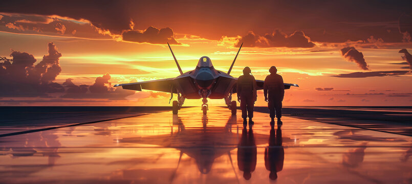 Military fighter jet on the runway with two personnel during a stunning sunset, showcasing sleek design and atmospheric lighting in the background
