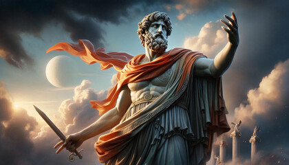 Obraz premium A grand statue of a mythical figure stands tall among the clouds, wielding a sword, with a dramatic and otherworldly backdrop