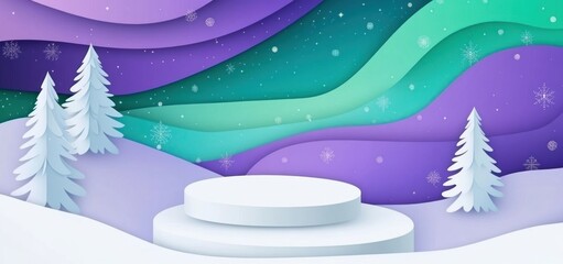 A stylized winter landscape featuring layered colors and snow-covered trees.