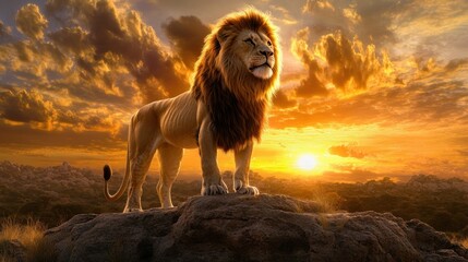 Majestic Lion Standing on a Rock at Sunset