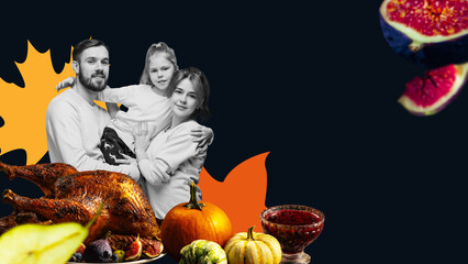 Smiling family posing together, surrounded by Thanksgiving food, pumpkins, and candles. Warm celebration. Modern design. Concept of Thanksgiving day, holiday, celebration. Banner. Space for text, ad