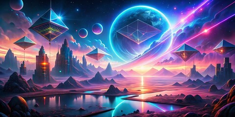 Surreal Futuristic Landscape with Neon Elements and Dreamlike Atmosphere