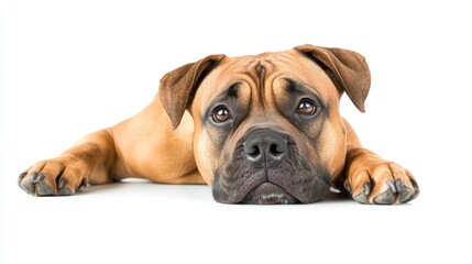 Obraz premium A sad-looking dog resting on a white surface, conveying emotion and companionship.