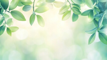 A serene background featuring soft green leaves and a gentle blurred light effect.