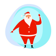 Hand drawn cartoon illustration of cute and funny Santa Claus waves his hand. 