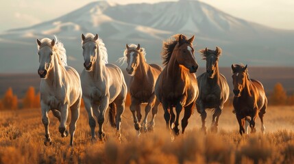 Obraz premium A group of wild horses running freely across field. with a clear blue sky.