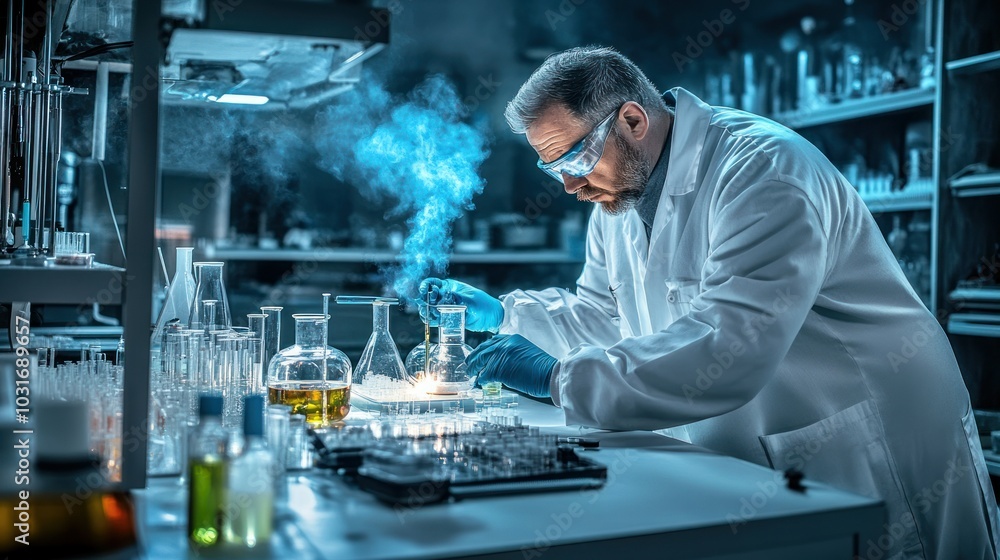 Poster Scientist conducting an experiment in a laboratory with smoke and beakers