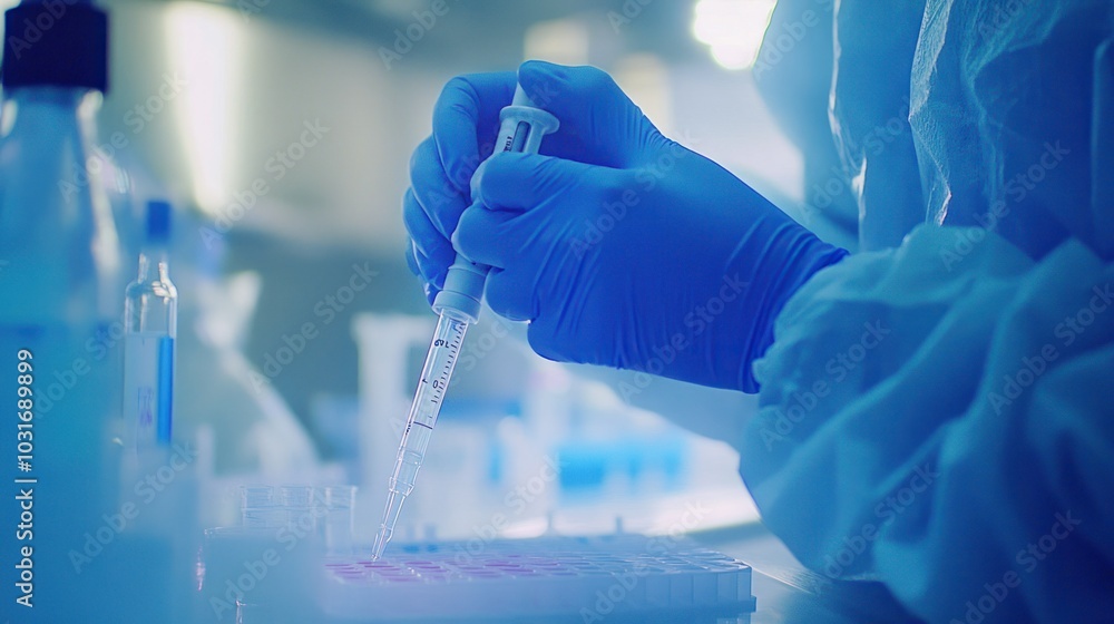 Poster gloved hand using a pipette to dispense liquid into a multi-well plate
