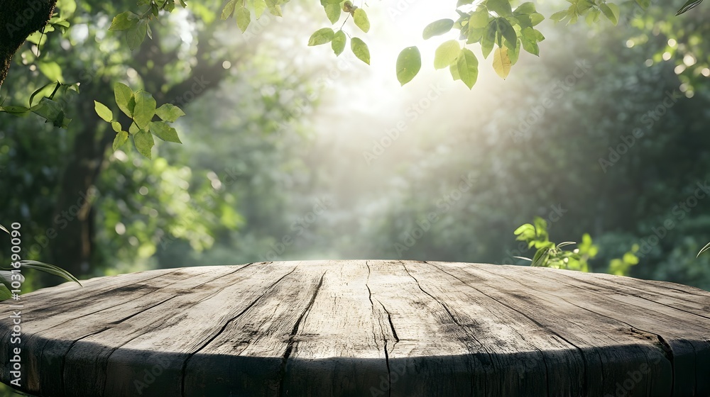 Poster rustic wooden podium in serene nature backdrop with soft sunlight filtering through trees for produc