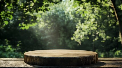 Rustic Wooden Podium in Serene Nature Backdrop for Product Display Concept with Copy Space