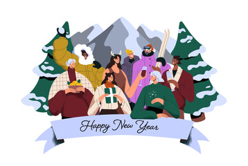 Happy New Year card concept. People celebrate winter holidays in mountain together. Diverse friends with Christmas gifts, champagne have fun on Xmas. Flat isolated vector illustration on white