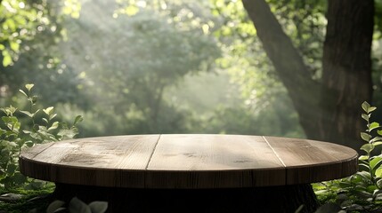 Fototapeta premium Rustic Wooden Podium in Serene Nature Backdrop with Soft Sunlight