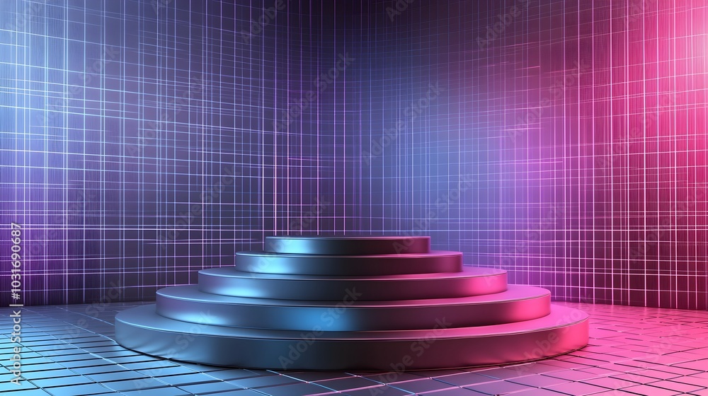 Poster metallic tiered podium in high tech holographic environment with digital grid background for product