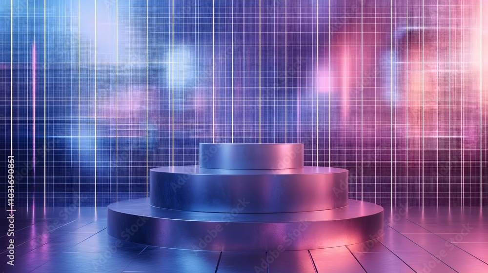 Poster metallic tiered podium in high tech holographic environment with digital grid backdrop for product d