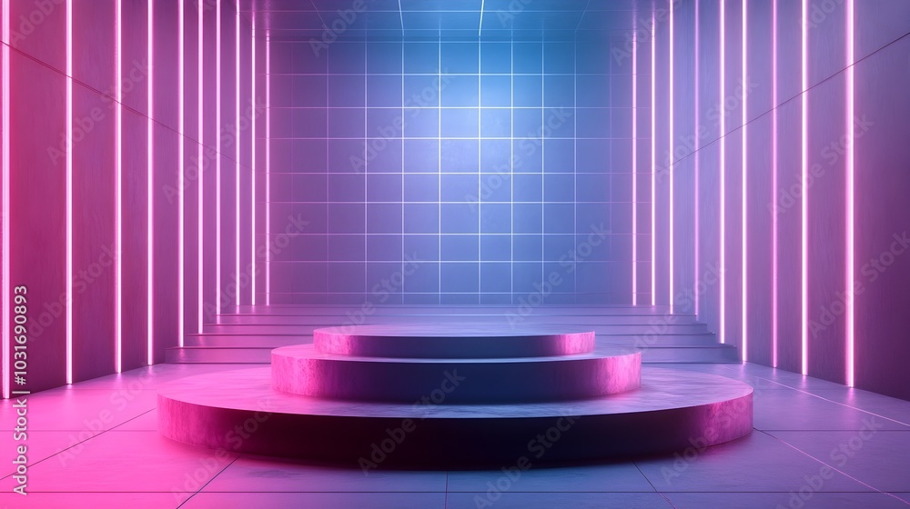 Poster empty metallic podium in futuristic high tech environment with holographic elements and digital grid