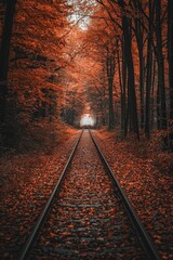 Fototapeta premium An autumn forest with trees in orange and red leaves, with the ground covered by fallen leaves. The railway tracks go straight through it.