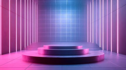 Empty Metallic Podium in Futuristic High Tech Environment with Holographic Elements and Digital Grid Background