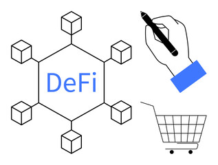 Decentralized finance with blockchain network, a hand holding a pen, and shopping cart concept in simple line art style. Ideal for finance, cryptocurrency, e-commerce, smart contracts, digital