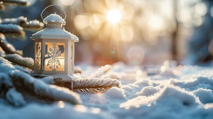 Christmas Lantern On Snow With Fir Branch in the Sunlight. Winter Decoration Background , Christmas Background, New Year's eve