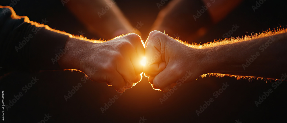 Wall mural fists bumping together create powerful moment of connection and camaraderie, illuminated by warm glo