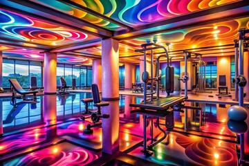 Surreal Interior of a Fitness Hall with Dreamlike Equipment and Unusual Lighting