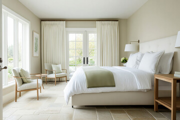 Fototapeta premium A serene bedroom featuring comfortable bed with white linens, soft green accents, and large windows that invite natural light. decor is minimalistic and calming, perfect for relaxation
