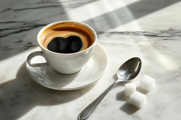 A small, shiny espresso cup filled with dark, rich espresso, placed on a marble countertop