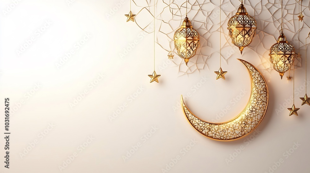 Poster ramadan kareem background 3d islamic geometric patterns crescent moon and hanging star lanterns offe