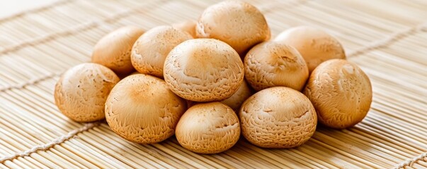 A small pile of round, light-brown nuts sits on a bamboo mat, showcasing their smooth texture and natural appearance.