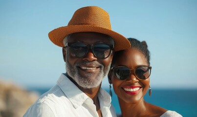 Portrait Mature African American old handsome and beauty couple travel outdoor, Generative AI