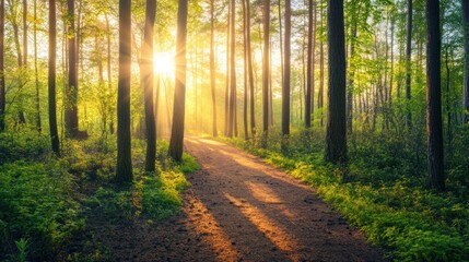 A serene forest path illuminated by sunlight, inviting exploration and tranquility.