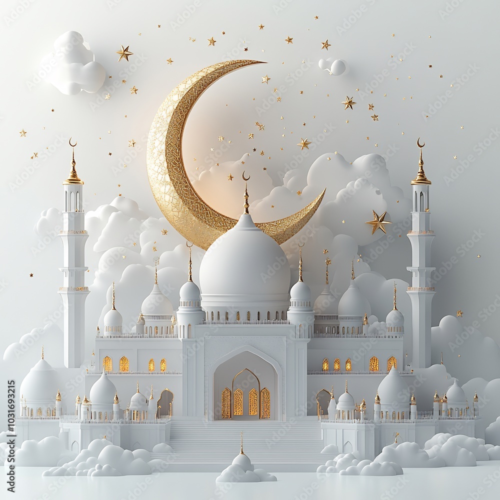 Aufkleber Ramadan Kareem background a 3D crescent moon and mosque shimmering stars and open space for text all set against a simple elegant white backdrop