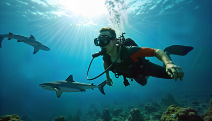 Fototapeta premium An adventurous diver exploring the underwater world, surrounded by graceful sharks. This captivating image is perfect for marine conservation campaigns, travel brochures, and adventure promotions