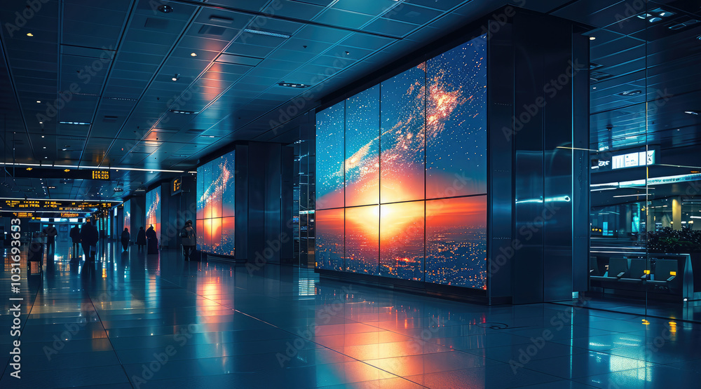 Poster night time environment at airport large display with ad for technology company.