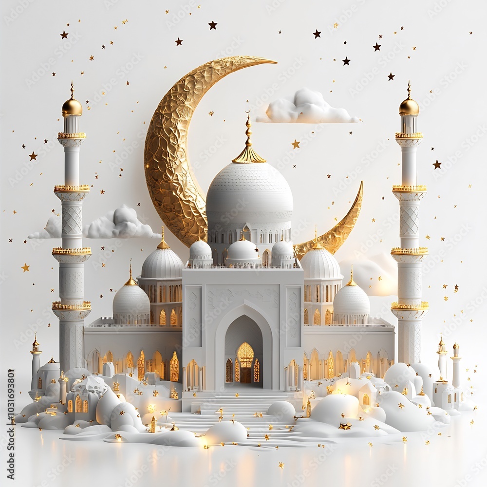Poster ramadan kareem background a 3d crescent moon and mosque shimmering stars and open space for text all