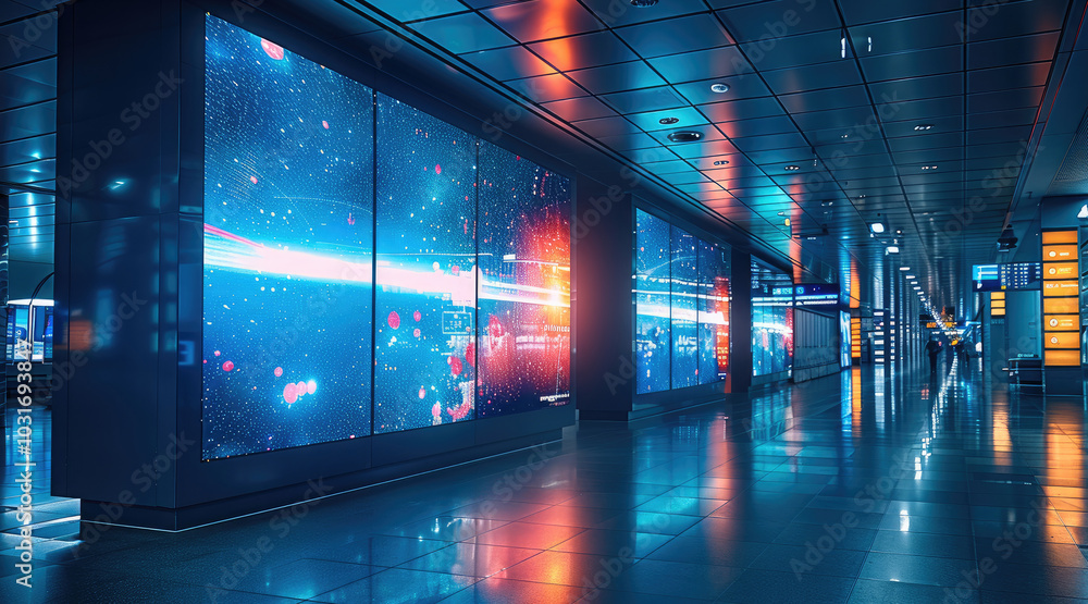 Poster night time environment at airport large display with ad for technology company.