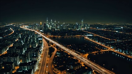 Fototapeta premium Urban highway with vehicle light trails at night facing skyscrapers, seamless looping 4K video background