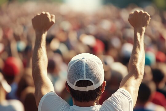 Joyful runner celebrating victory, enthusiastic spectators cheering, vibrant atmosphere, dynamic energy, triumphant moment captured
