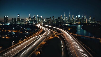 Obraz premium Urban highway with vehicle light trails at night facing skyscrapers, seamless looping 4K video background