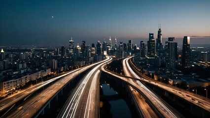 Fototapeta premium Urban highway with vehicle light trails at night facing skyscrapers, seamless looping 4K video background