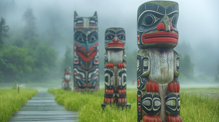 Scenic View of Alaskan Totem Poles with Historic Map	
