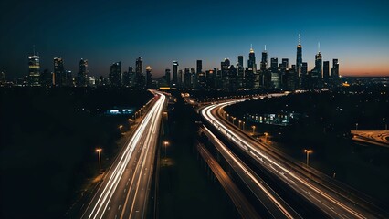 Fototapeta premium Urban highway with vehicle light trails at night facing skyscrapers, seamless looping 4K video background