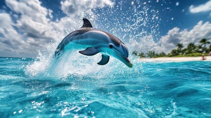 Fototapeta premium A playful dolphin leaps out of the water, creating a splash of water droplets, with a tropical beach and blue sky in the background.