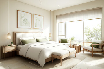 A serene bedroom featuring comfortable bed with soft linens, natural light streaming through large windows, and stylish decor that creates calming atmosphere