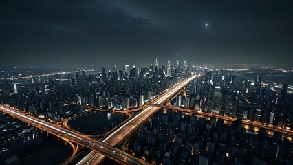 Fototapeta premium Urban highway with vehicle light trails at night facing skyscrapers, seamless looping 4K video background
