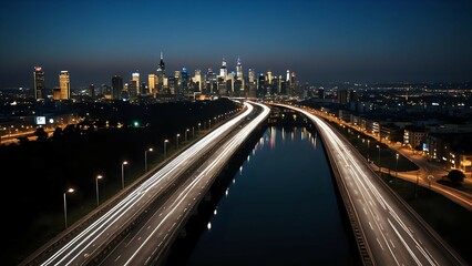 Urban highway with vehicle light trails at night facing skyscrapers, seamless looping 4K video background"