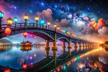 Obraz premium Surreal Night Bridge Over Water with Stars and Reflections
