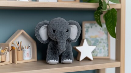 Adorable Grey Elephant Plush Toy on Shelf in Nursery Room Interior